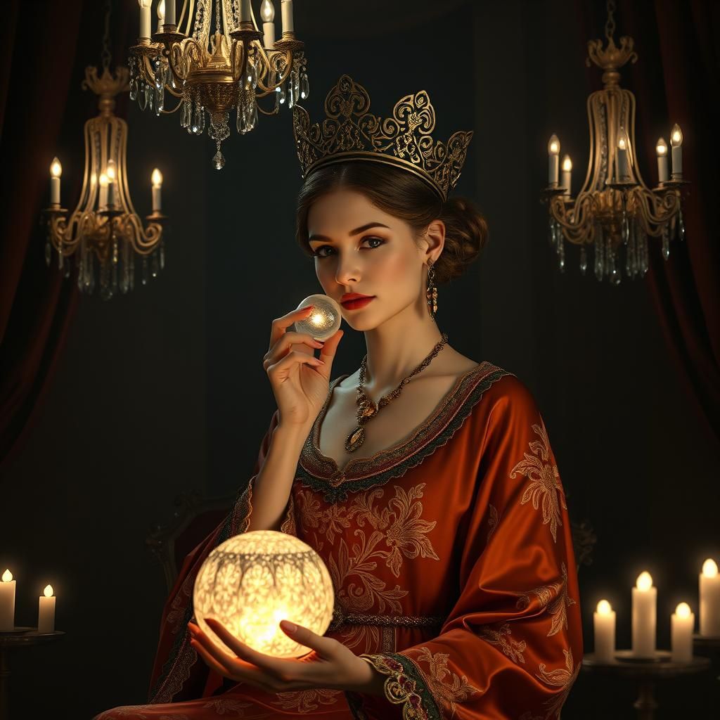 Majestic Woman with Golden Orb in Art Nouveau Style