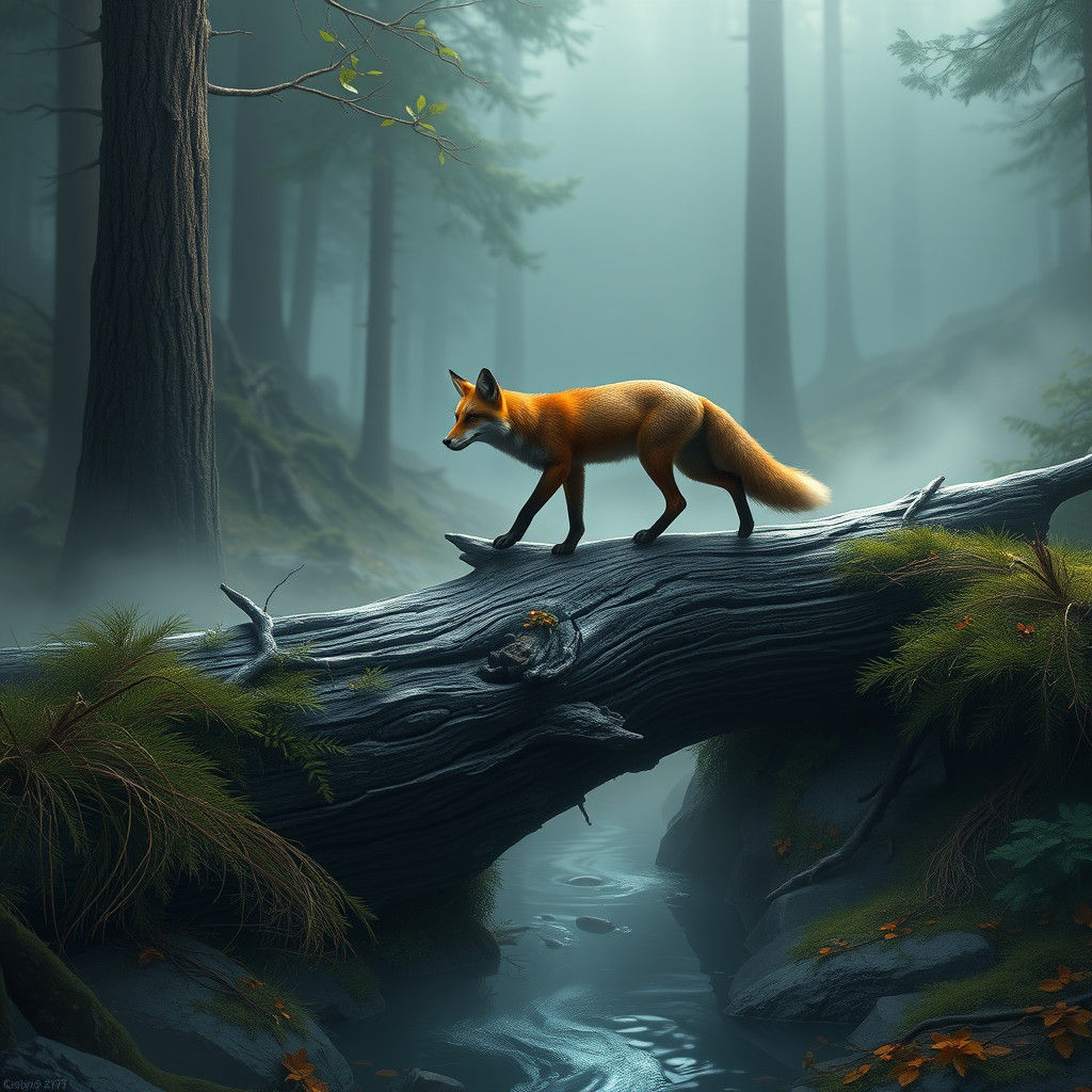Fox Crossing a Fallen Tree in Matte Painting Style