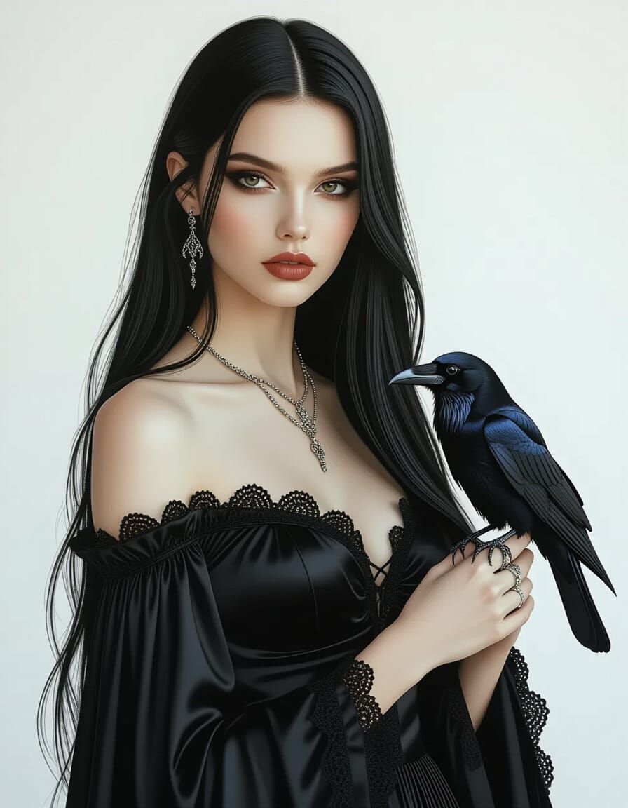 Gothic Woman with Raven, Hyperrealistic Style