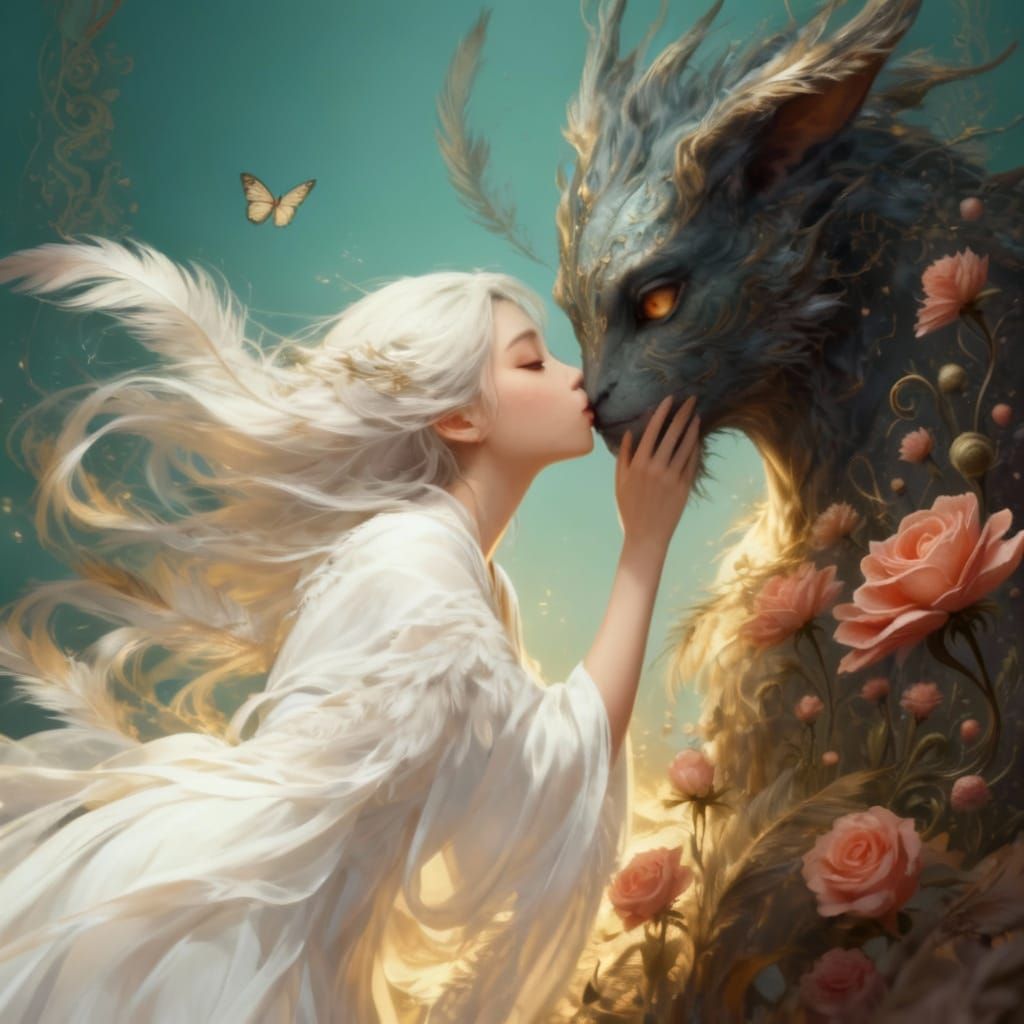 Gentle Maiden Kisses Mysterious Creature in Golden Light