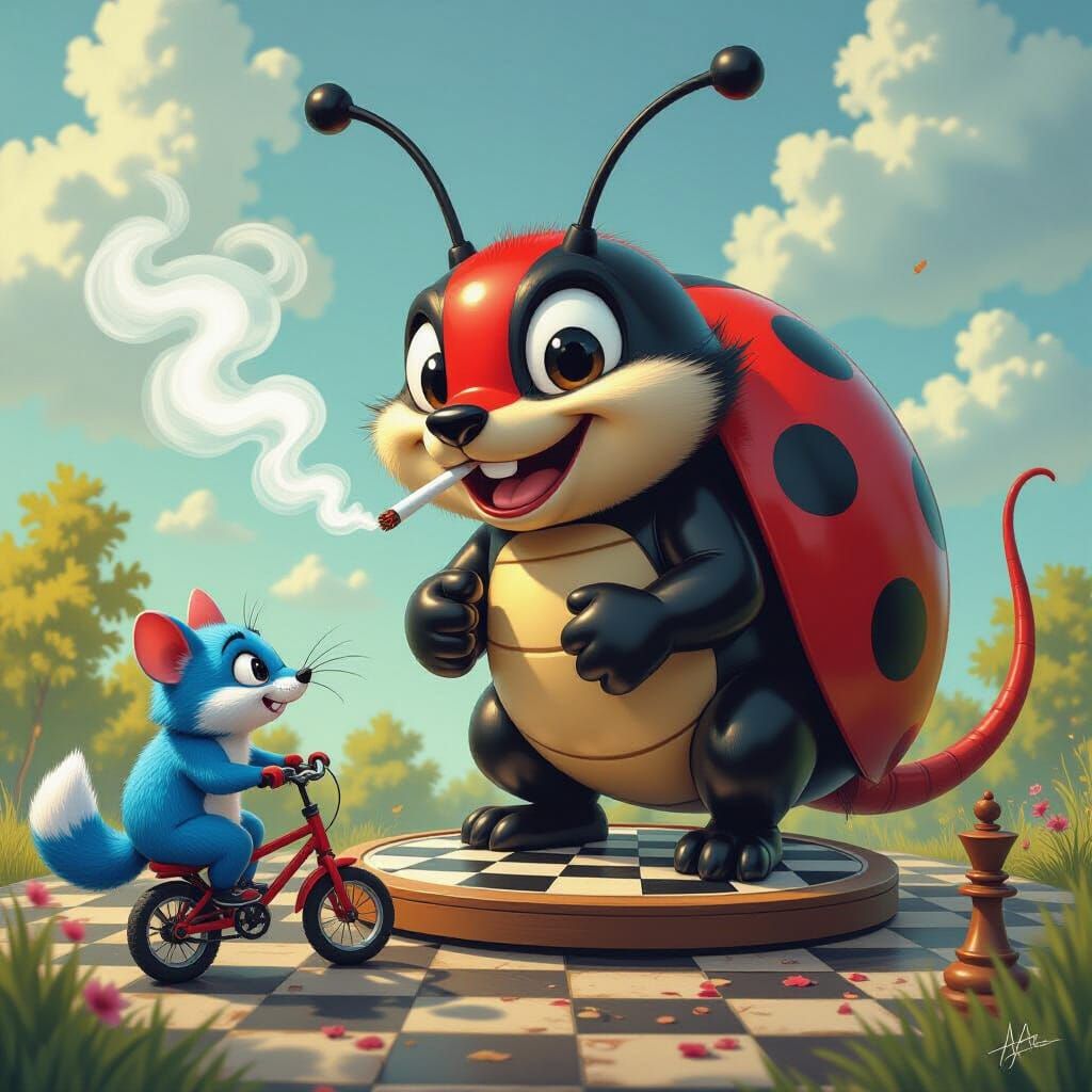 Cartoon Ladybird Smoking with Fox on Bicycle, Fantasy Art