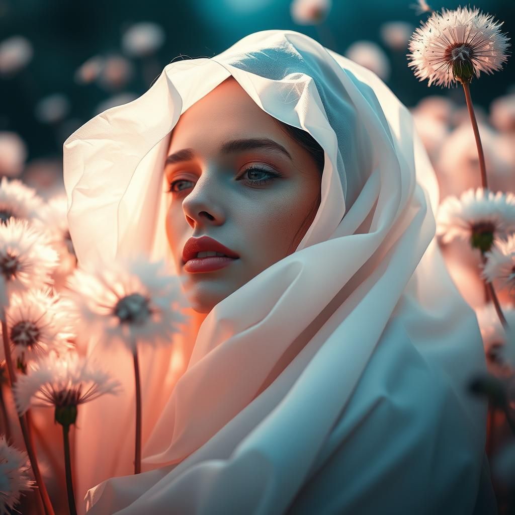 Ethereal Woman in Dandelion Dreamscape, Infrared Photography