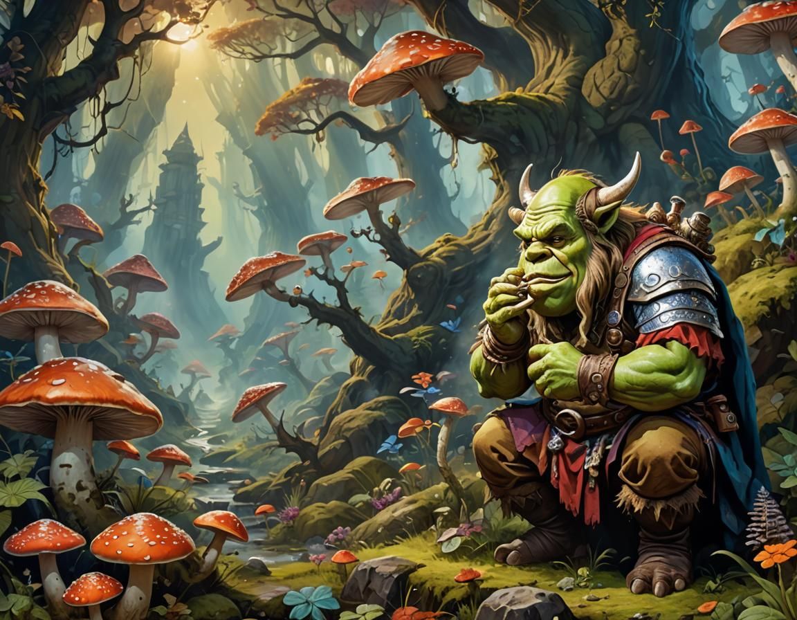 Ogre Warrior Smelling Mushroom: Impressionist Gouache Waterc...