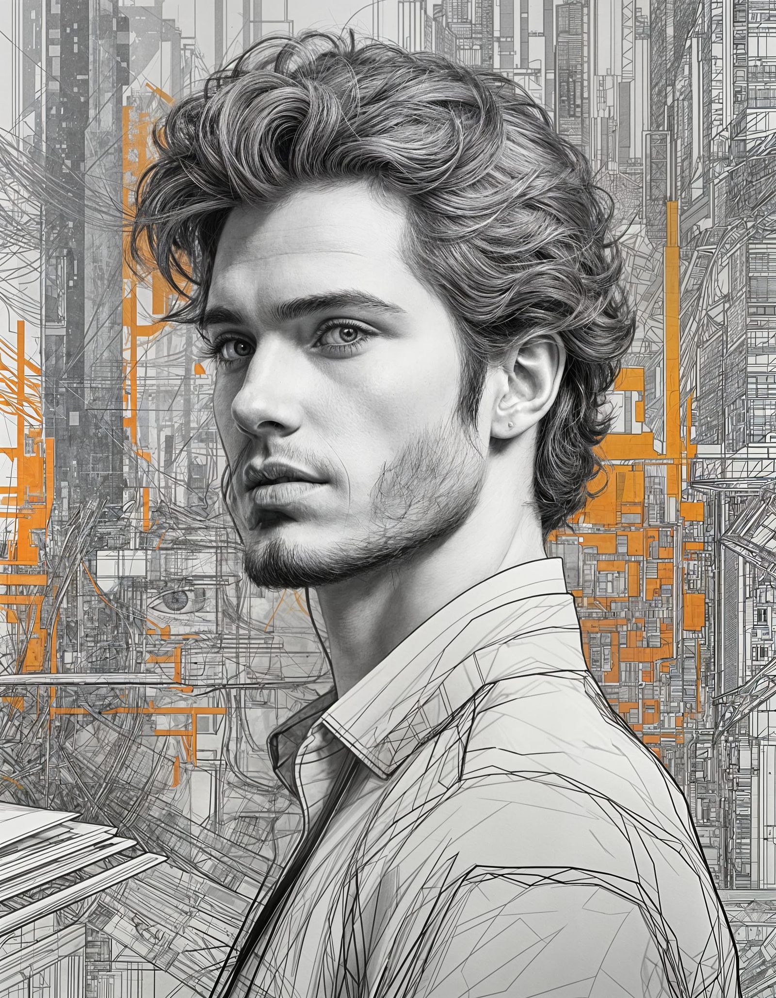 Mesmerizing Man in Vector Art with Orange Accents