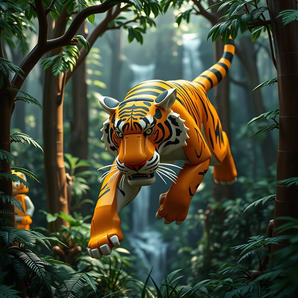 Lego Tiger Leaps Through Jungle in Hyperrealistic Style