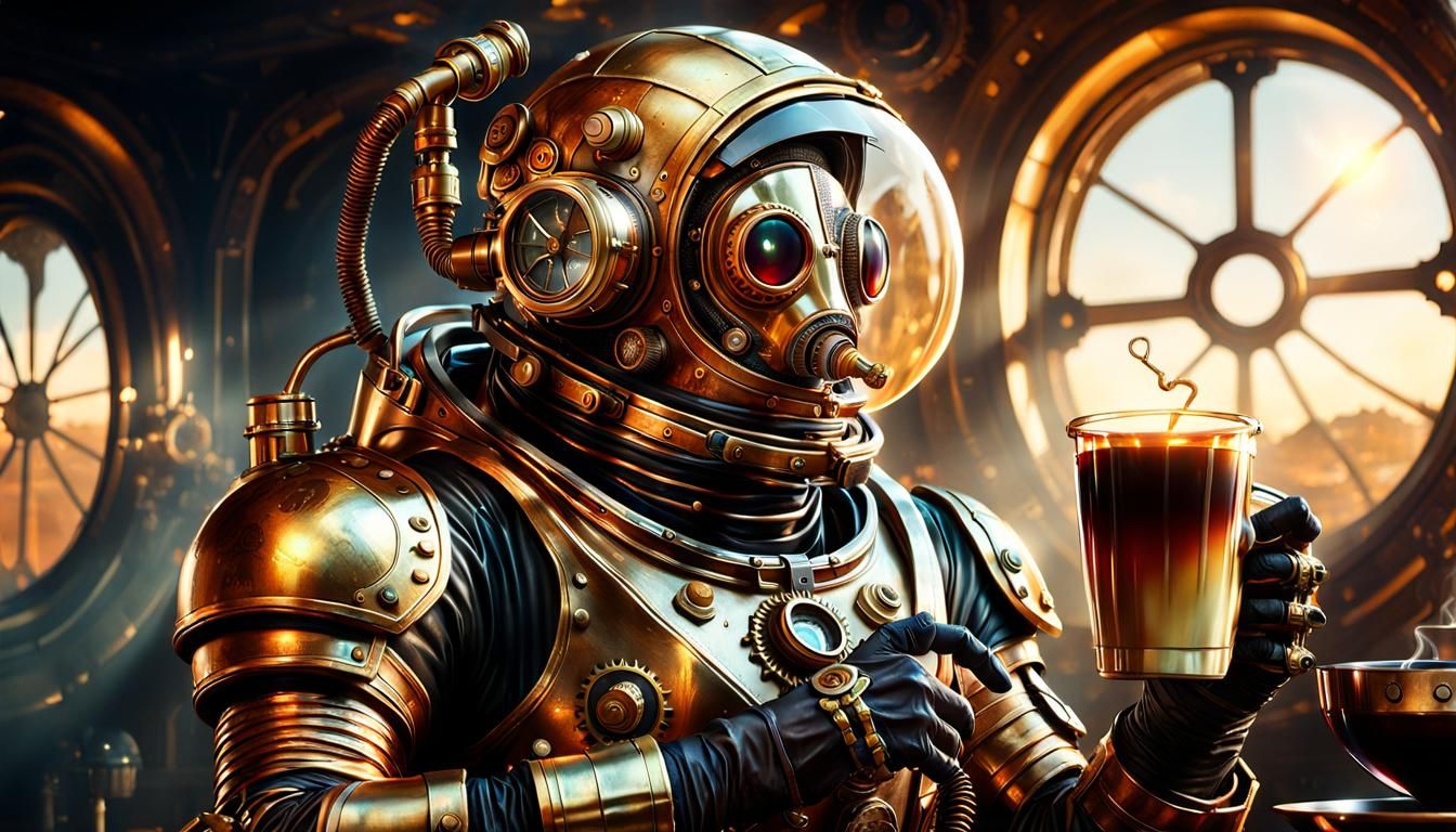 Steampunk Paleotragus in Space Suit Sipping Coffee