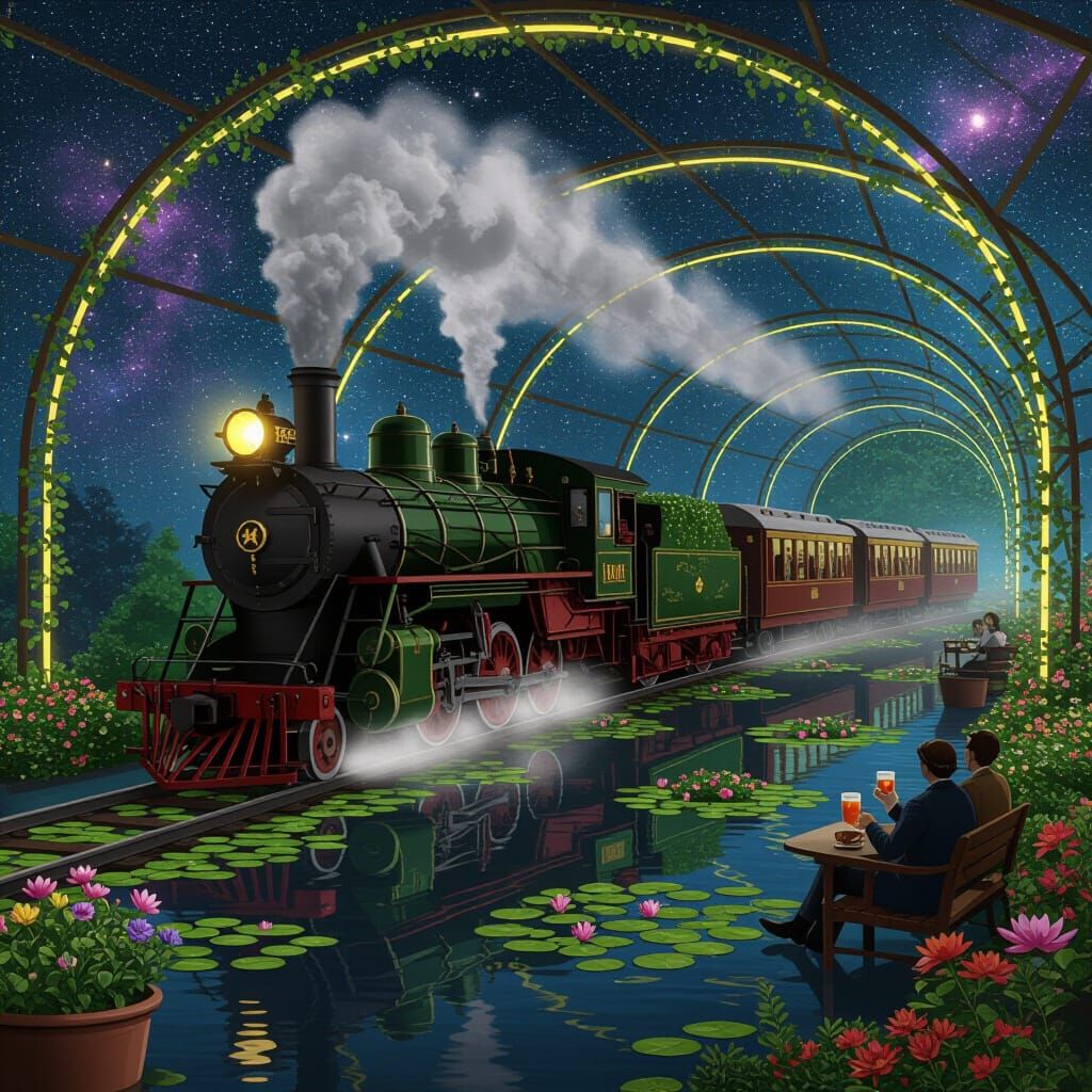 A steam-powered locomotive gliding through floating gardens ...
