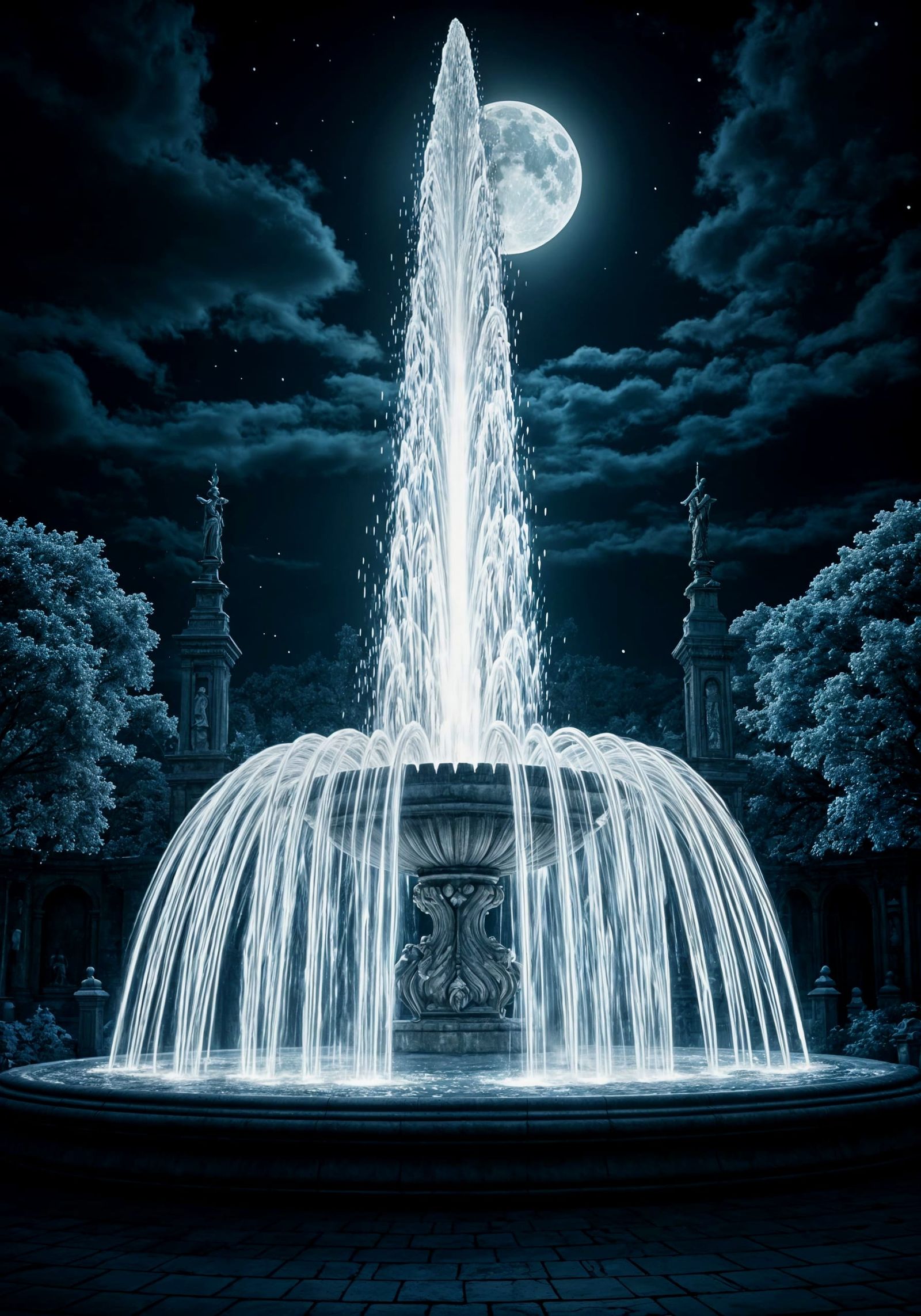 Fantastical Fountain Sprays Silver Liquid Moonward