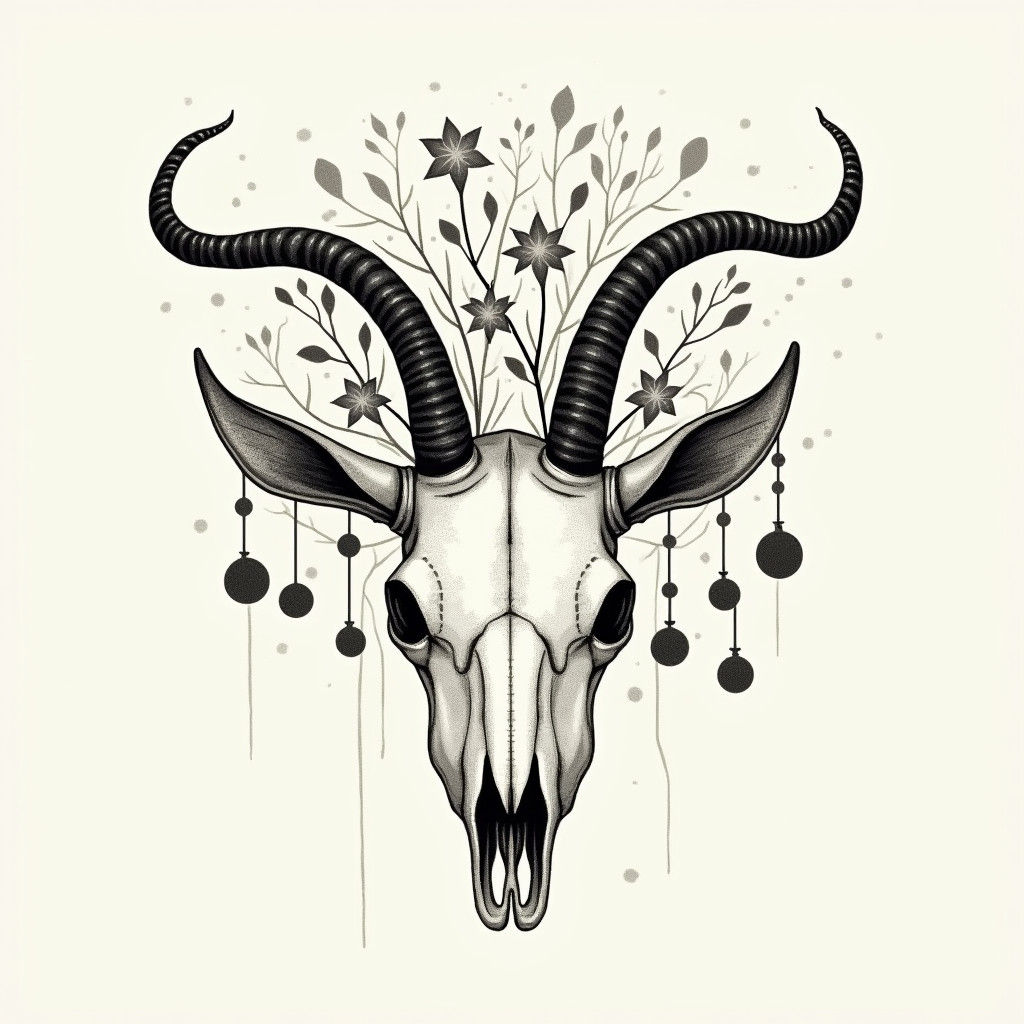 Minimalist Goat Skull with Flowers and Vines