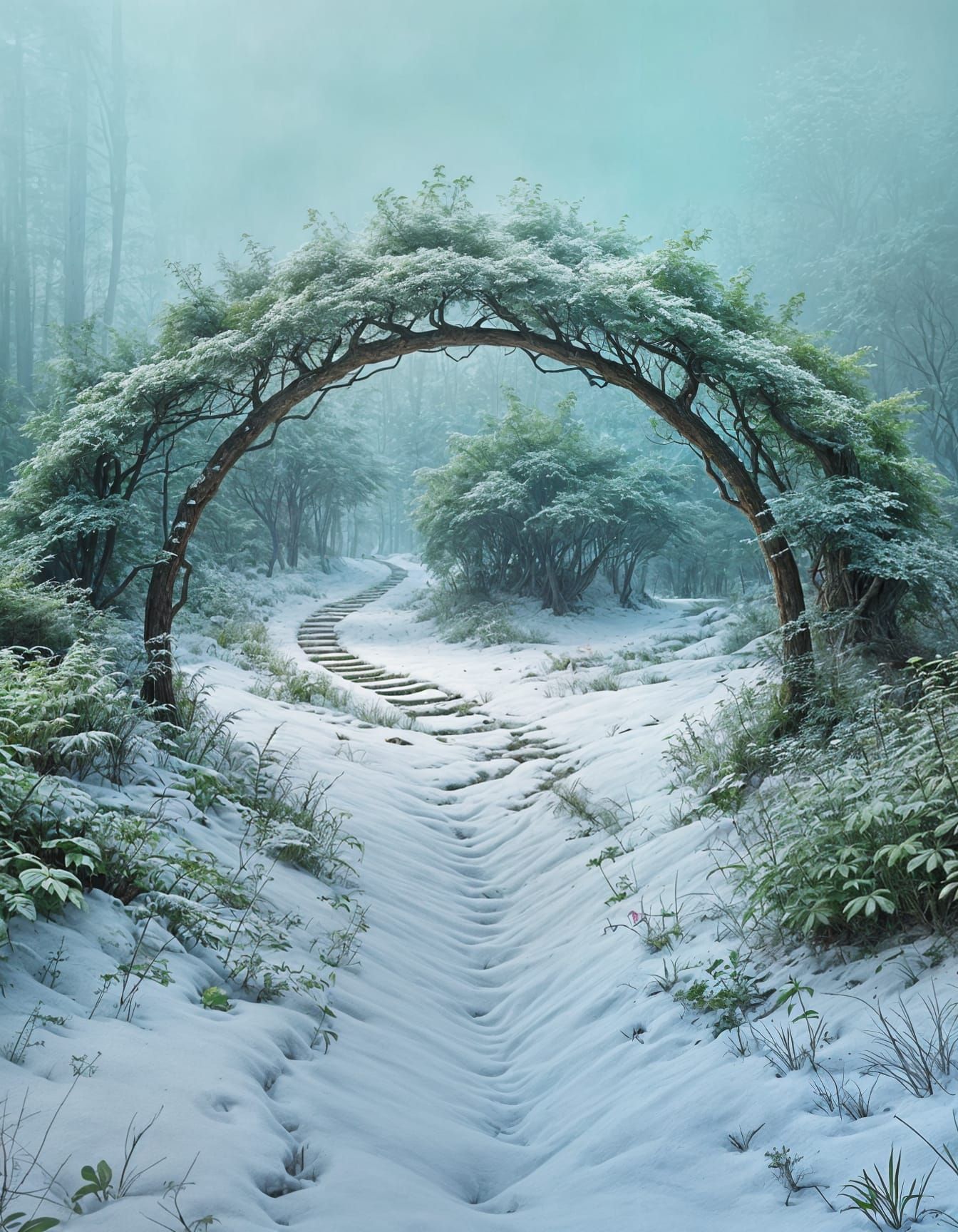 Hyperrealistic Winding Path Through Verdant Forest