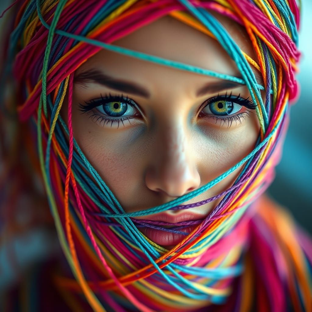 Woman's Portrait Wrapped in Polychromatic Strings