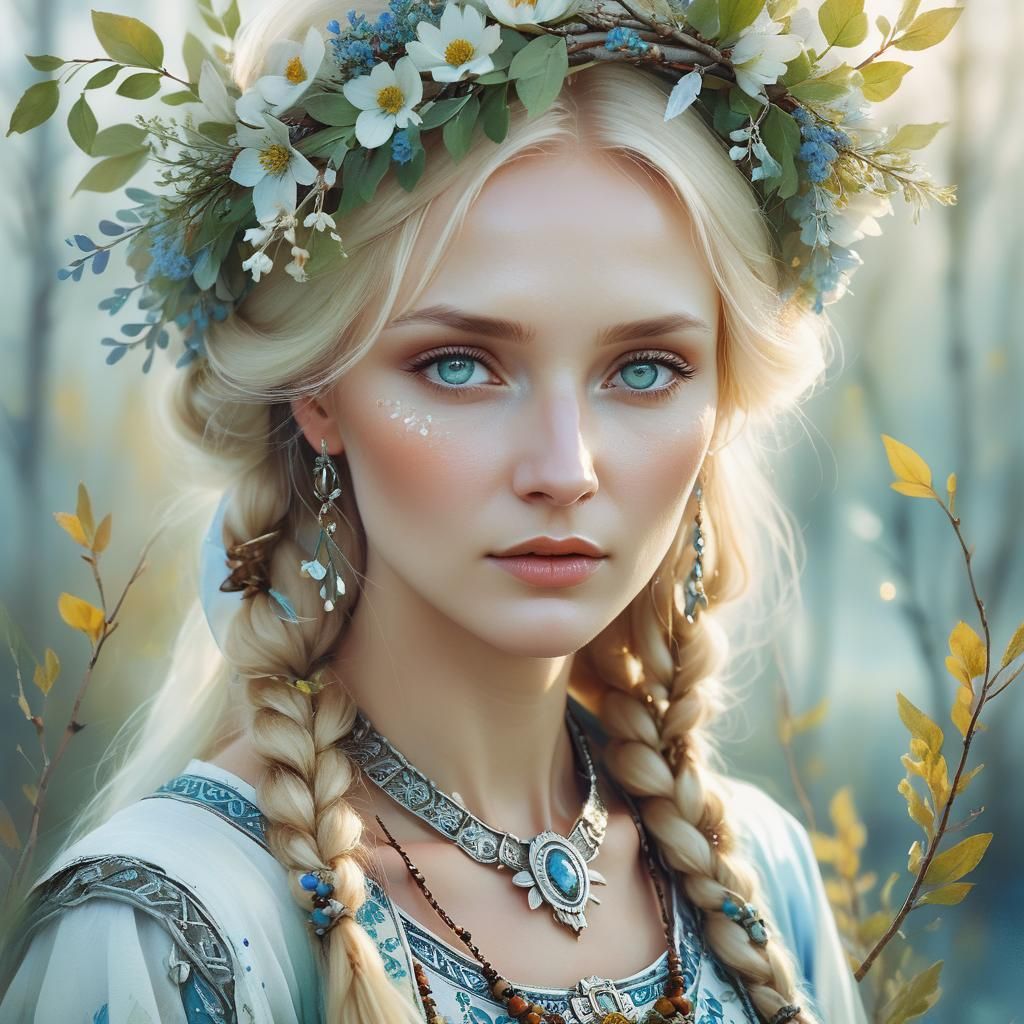 Ethereal Slavic Woman Portrait in Watercolor Style