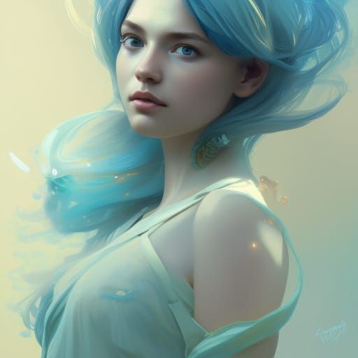 Detailed Cyan Portrait in Art Nouveau Style