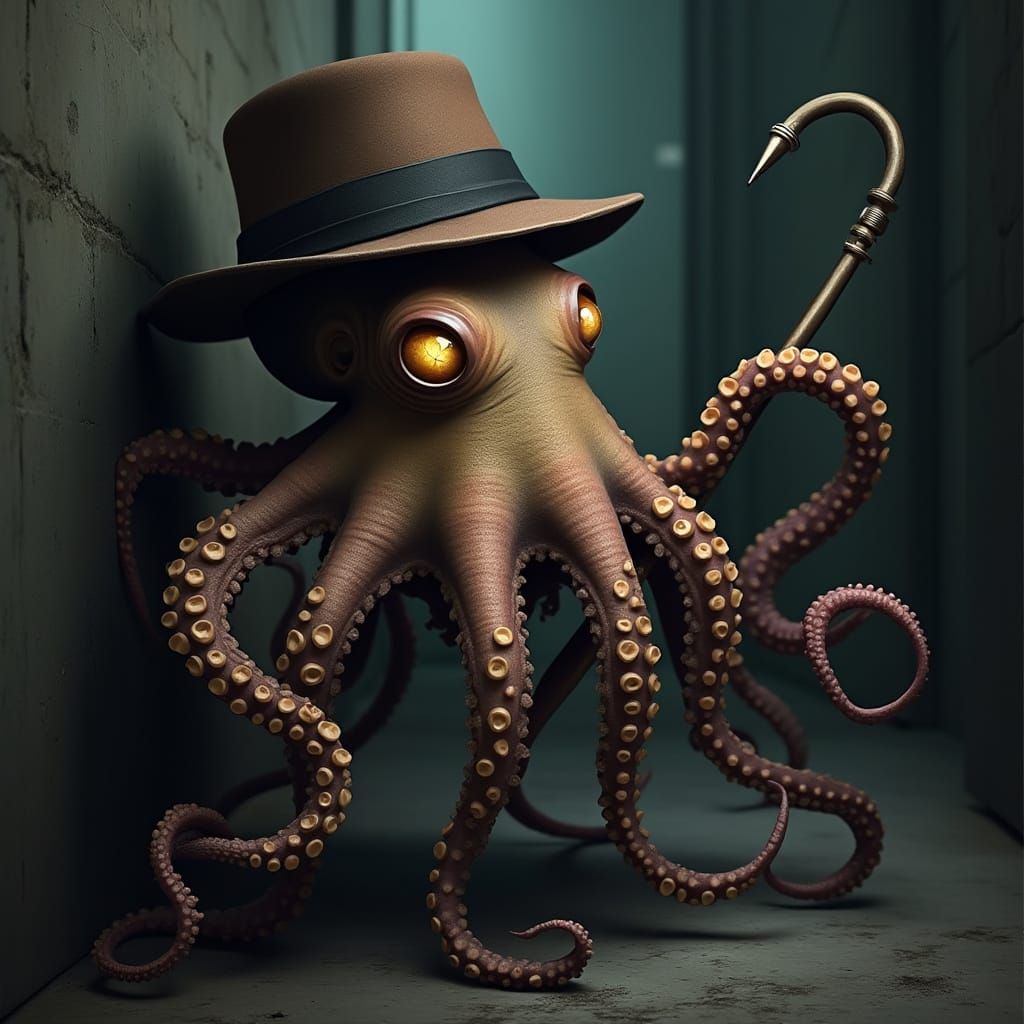 Gangster Octopus in Dark Alley Wears Fedora