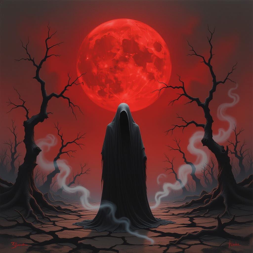 Figure Against Blood Moon in Surrealist Style