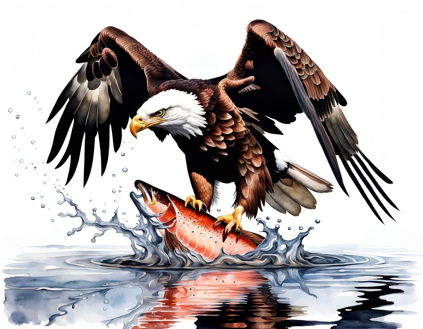 Eagle Grabs Salmon Reflection, Watercolor Style