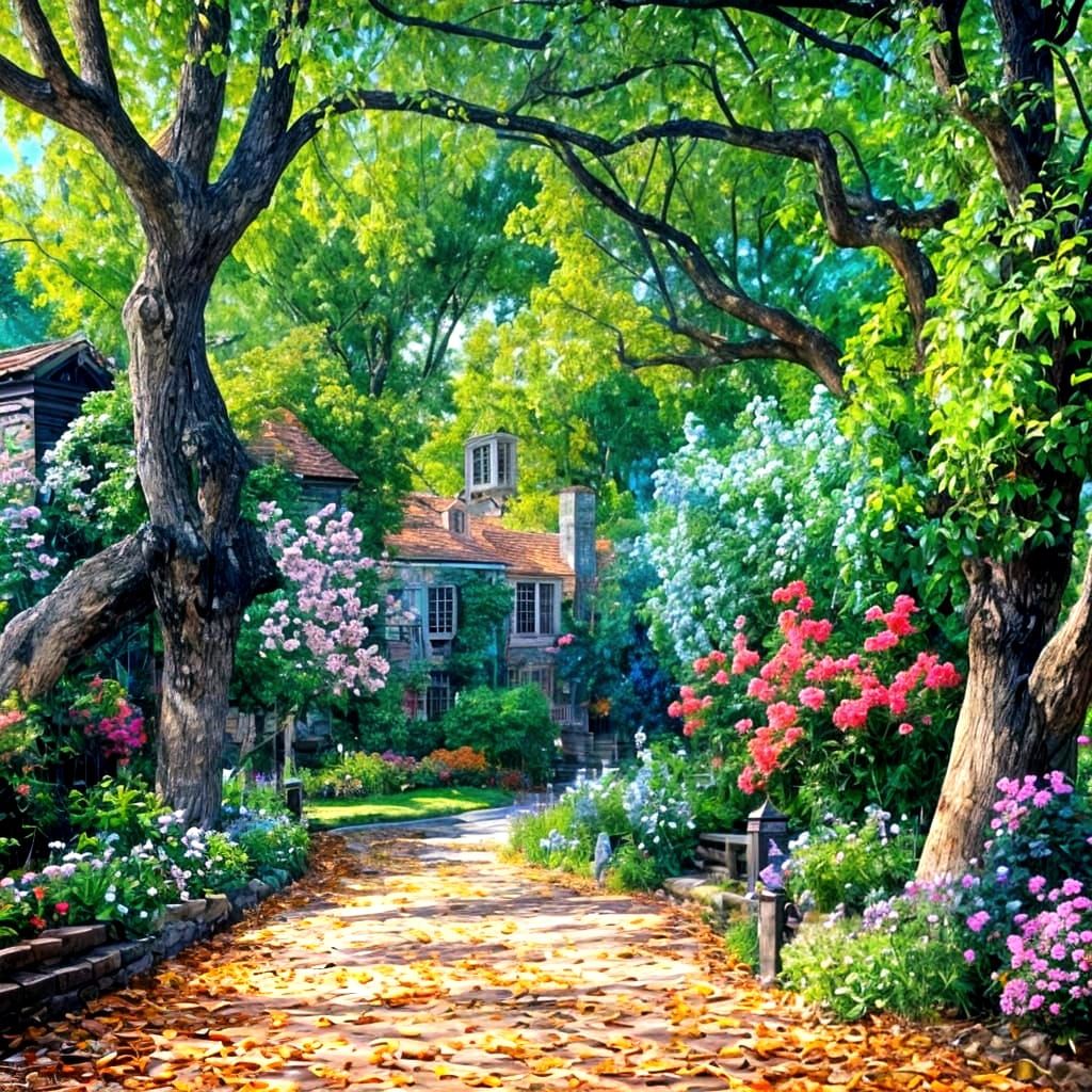 Colorful Cottagecore Landscape in Detailed Oil Painting