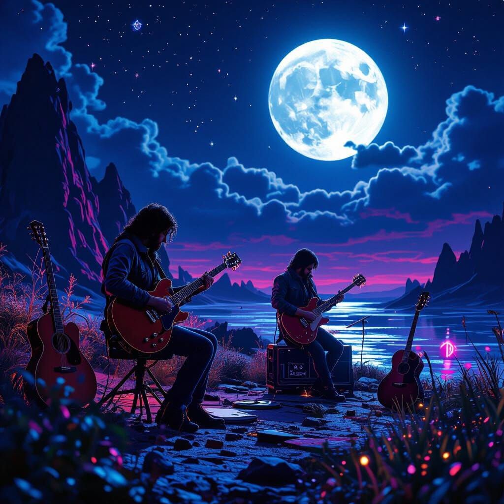 Moonlit Musicians in a Fantastical Landscape as Matte Painti...