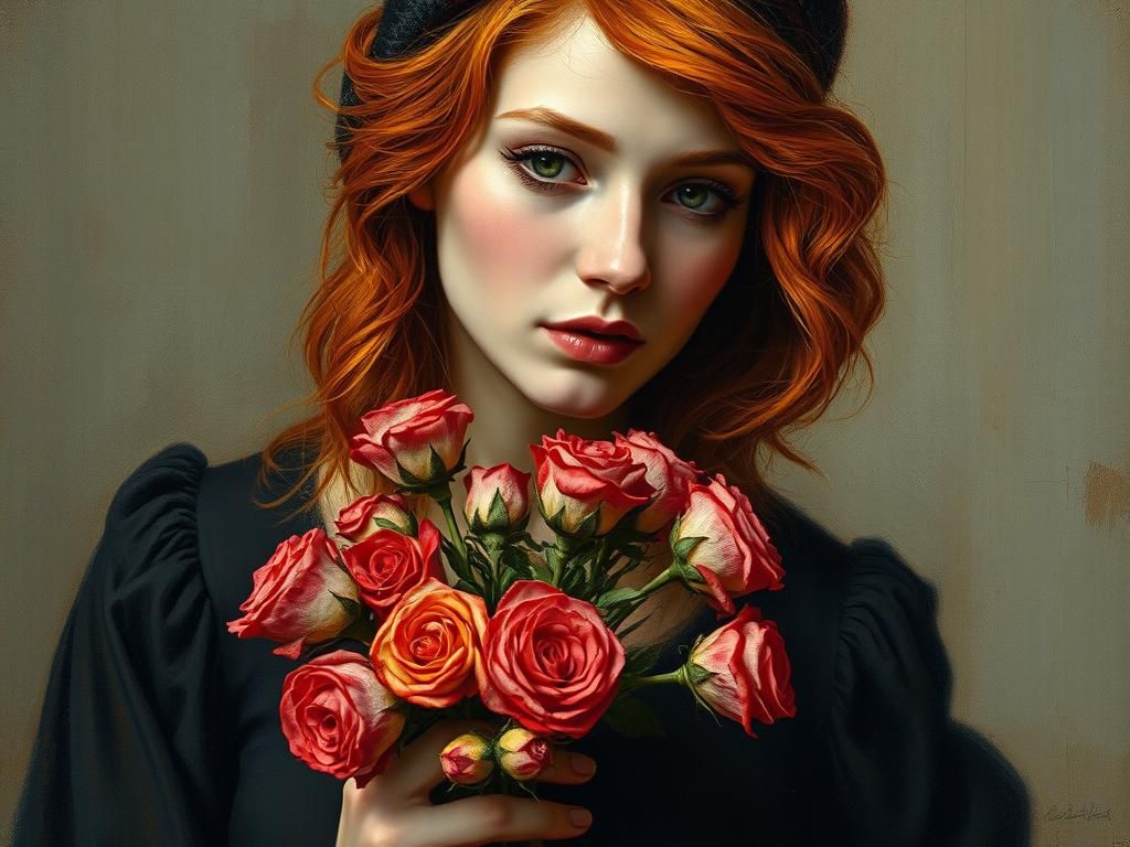 Red-Haired Woman with Roses: Oil Painting