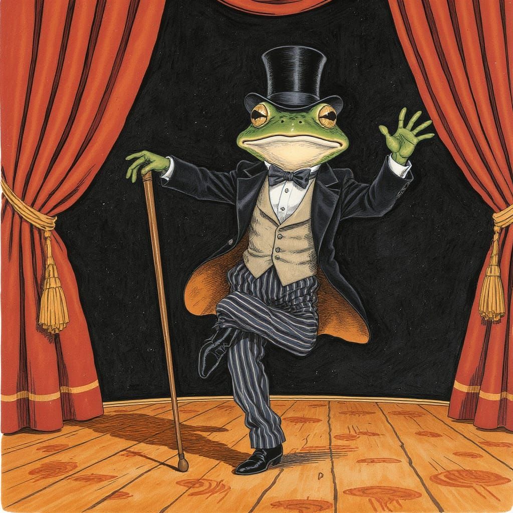 Dapper Frog Tap Dances in Classic Illustration Style