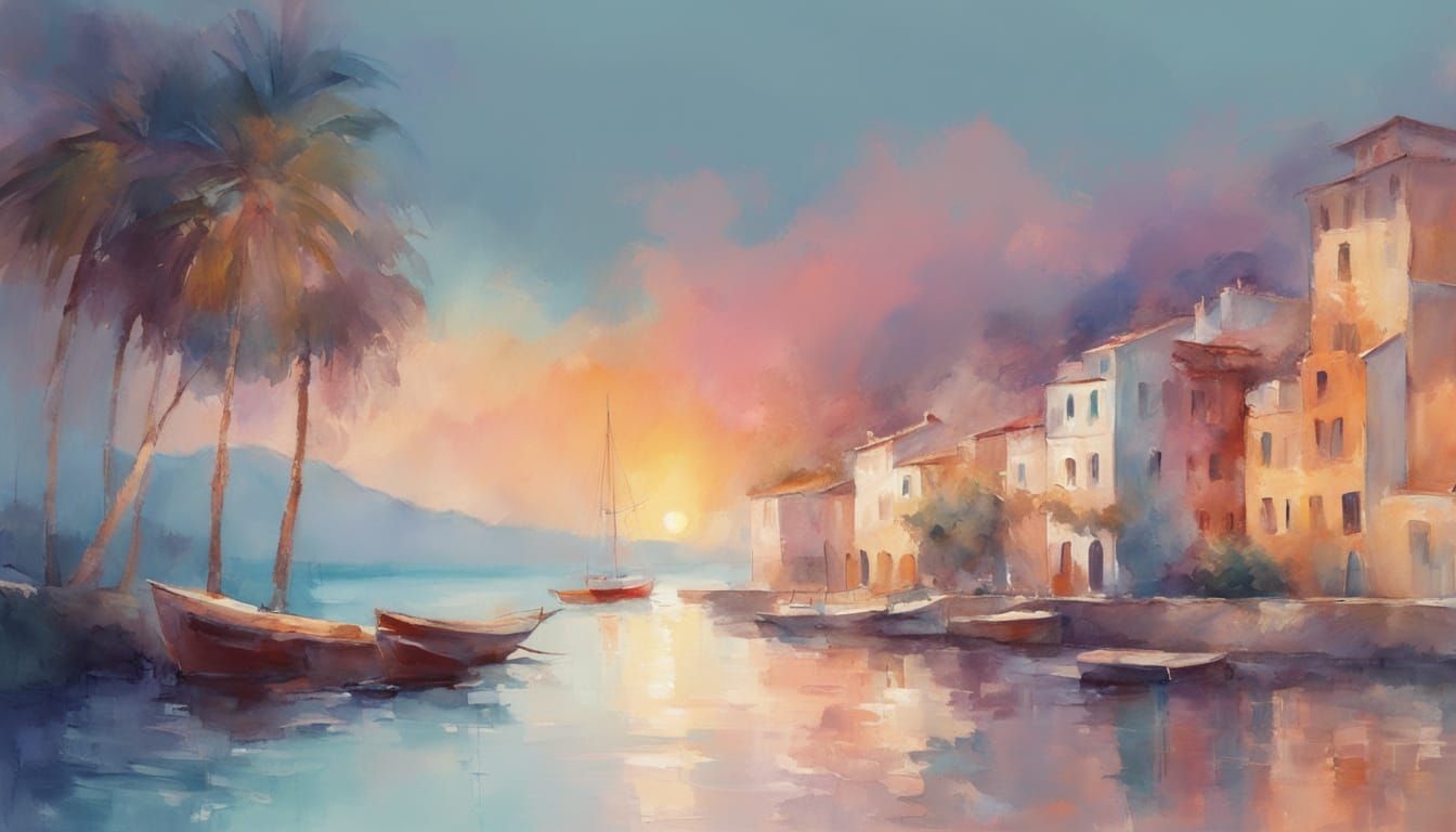 Vibrant Mediterranean Harbor at Sunset in Impressionist Styl...