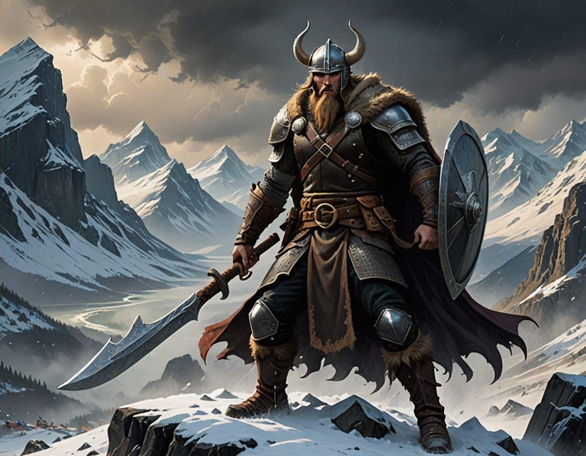 Viking Warrior in Gritty Nordic Storm