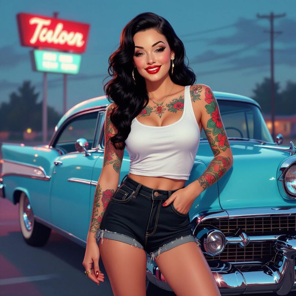 1950s Pin-Up Girl with Classic Car, in Elvgren Style