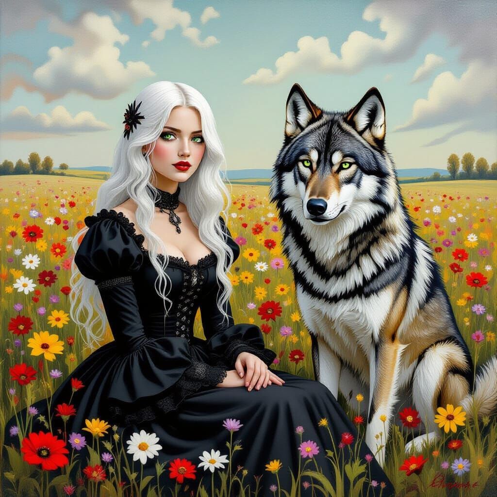 Gothic Woman & Wolf in Surreal Floral Field