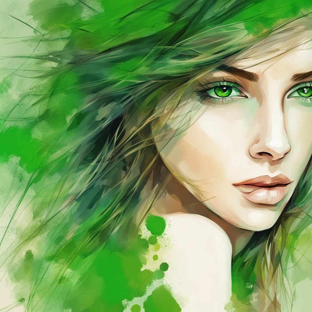 Beautiful Woman with Green Eyes in Abstract Art