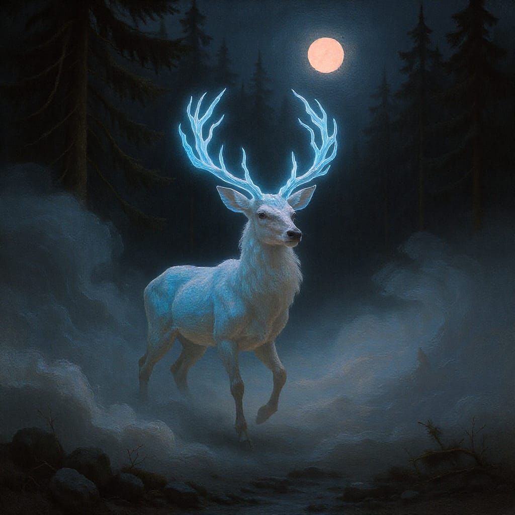 "A dreamlike deer with antlers like twisted branches glowing...