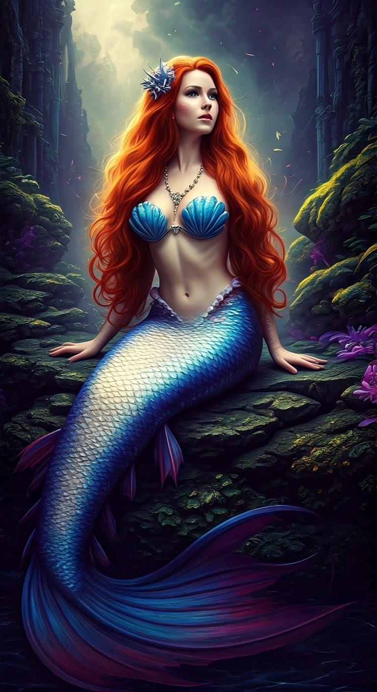 A 25-year-old mermaid with very long red hair and a very long latex fishtail that curls around her body