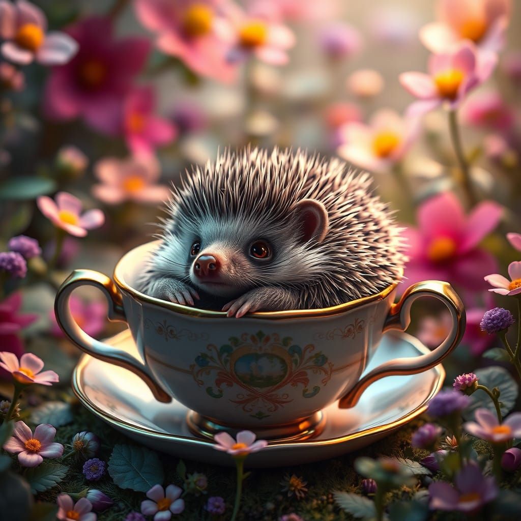 Whimsical Hedgehog Teacup Scene in Dreamlike Atmosphere