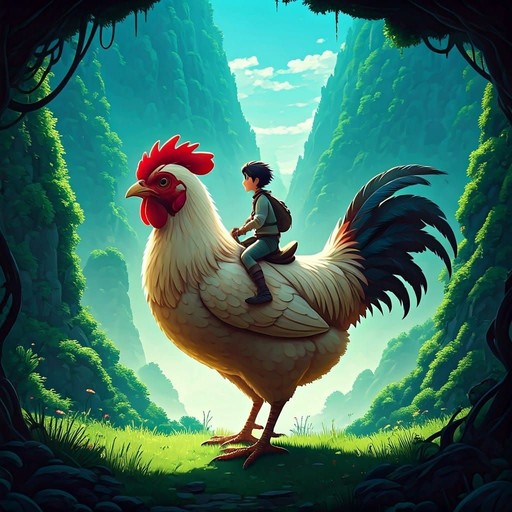 Boy Rides Giant Chicken in Anime Style
