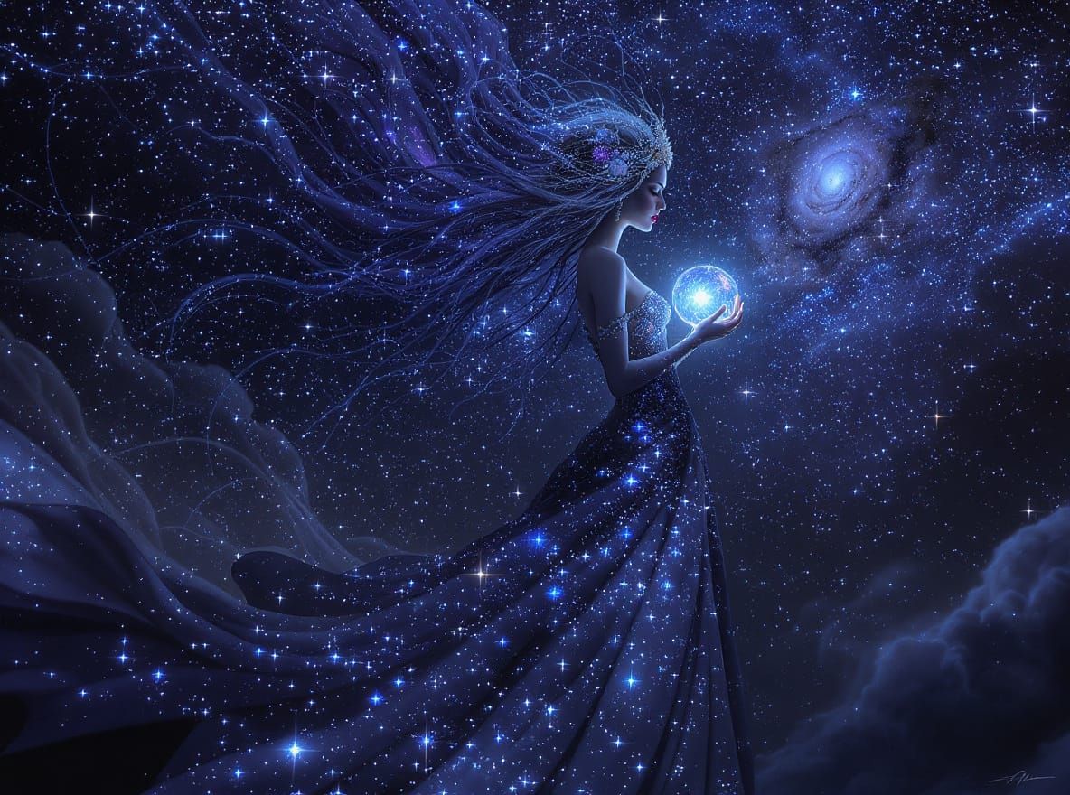 Cosmic Goddess in Stardust Gown, Digital Art