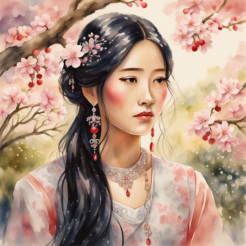 Asian Woman in Garden, Soft Watercolor Painting
