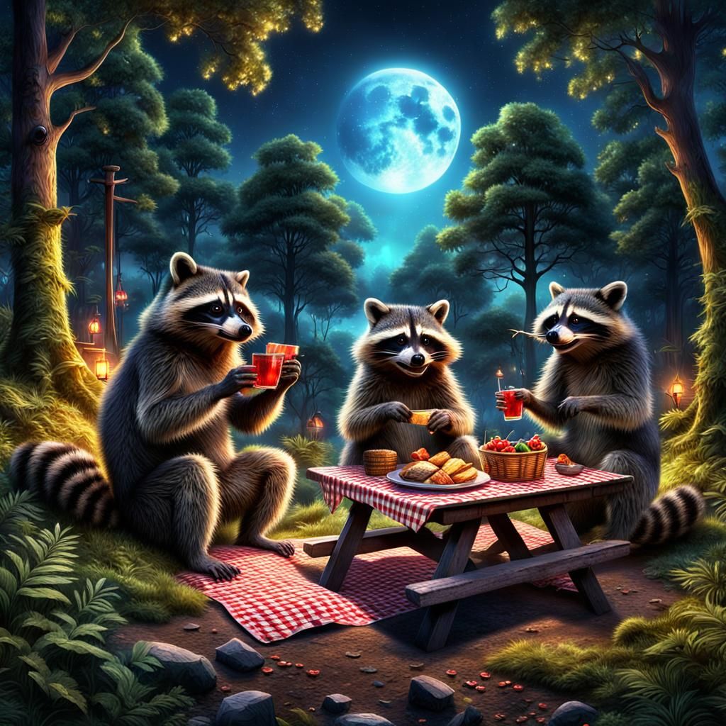 Raccoons Picnic at Night in Forest Park