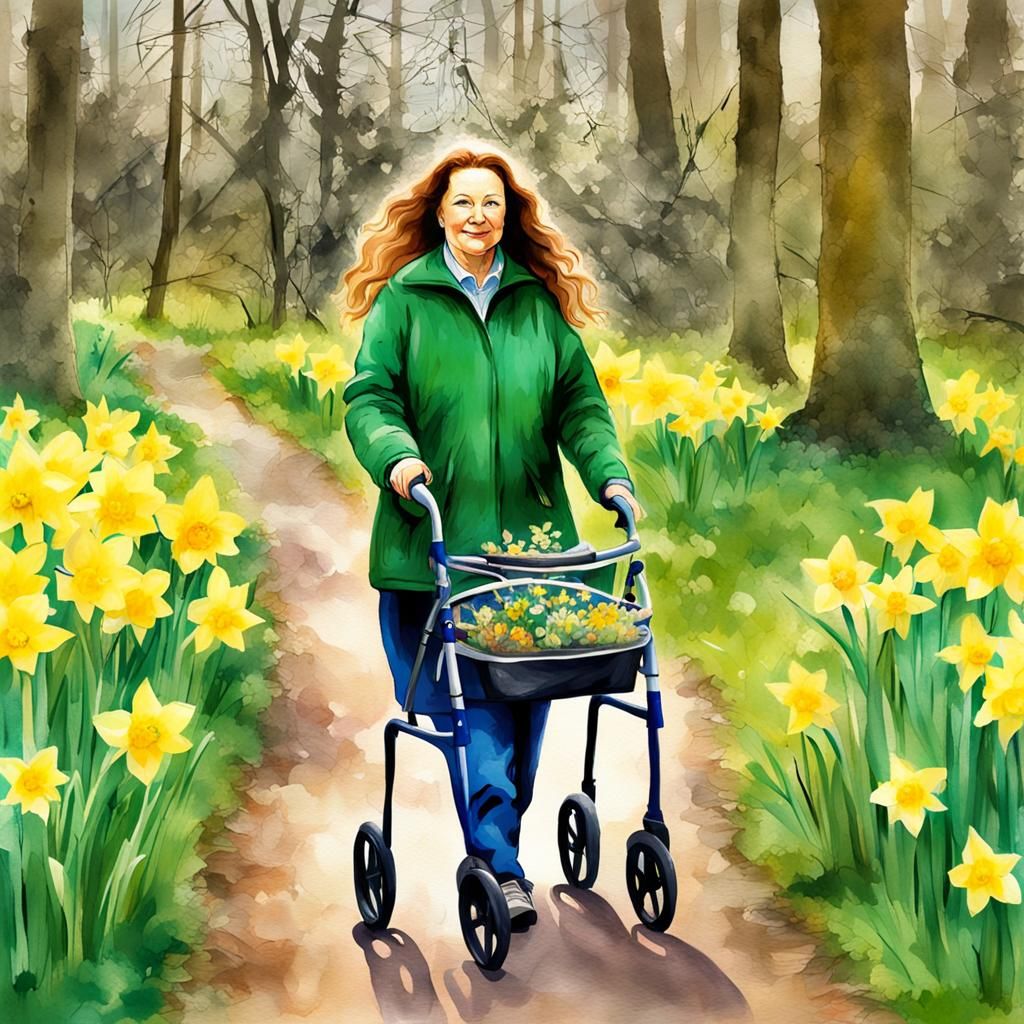 Curvy Woman with Rollator in Sunny Daffodil Wood: Watercolou...