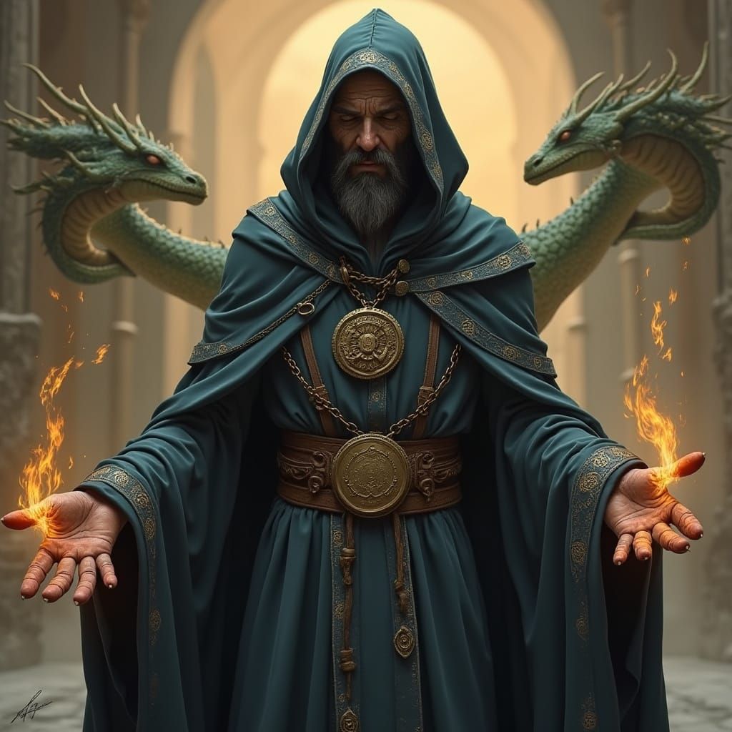 Wizard and Dragon in Dark Fantasy Style