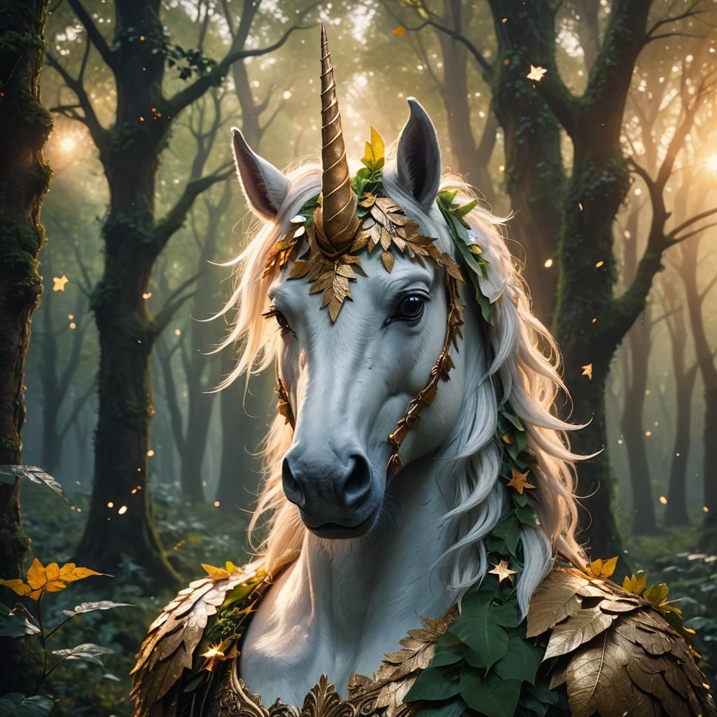 Magical Unicorn Portrait in Dreamy Forest, Digital Art