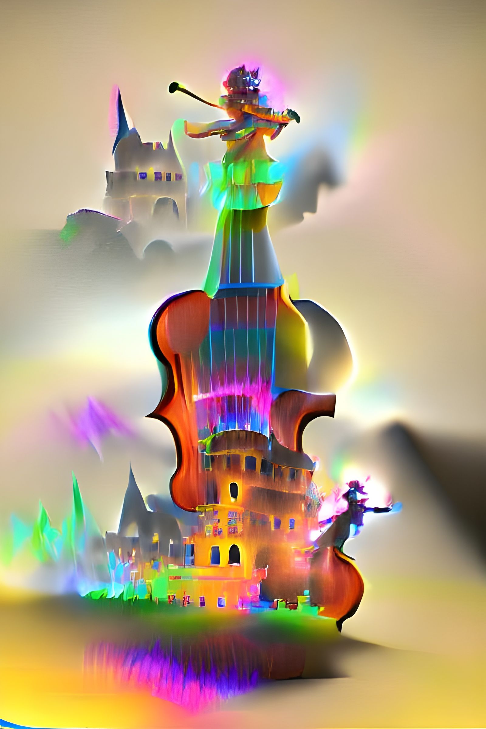 Magic Violinist with Psychedelic Castle in Fauvism Style