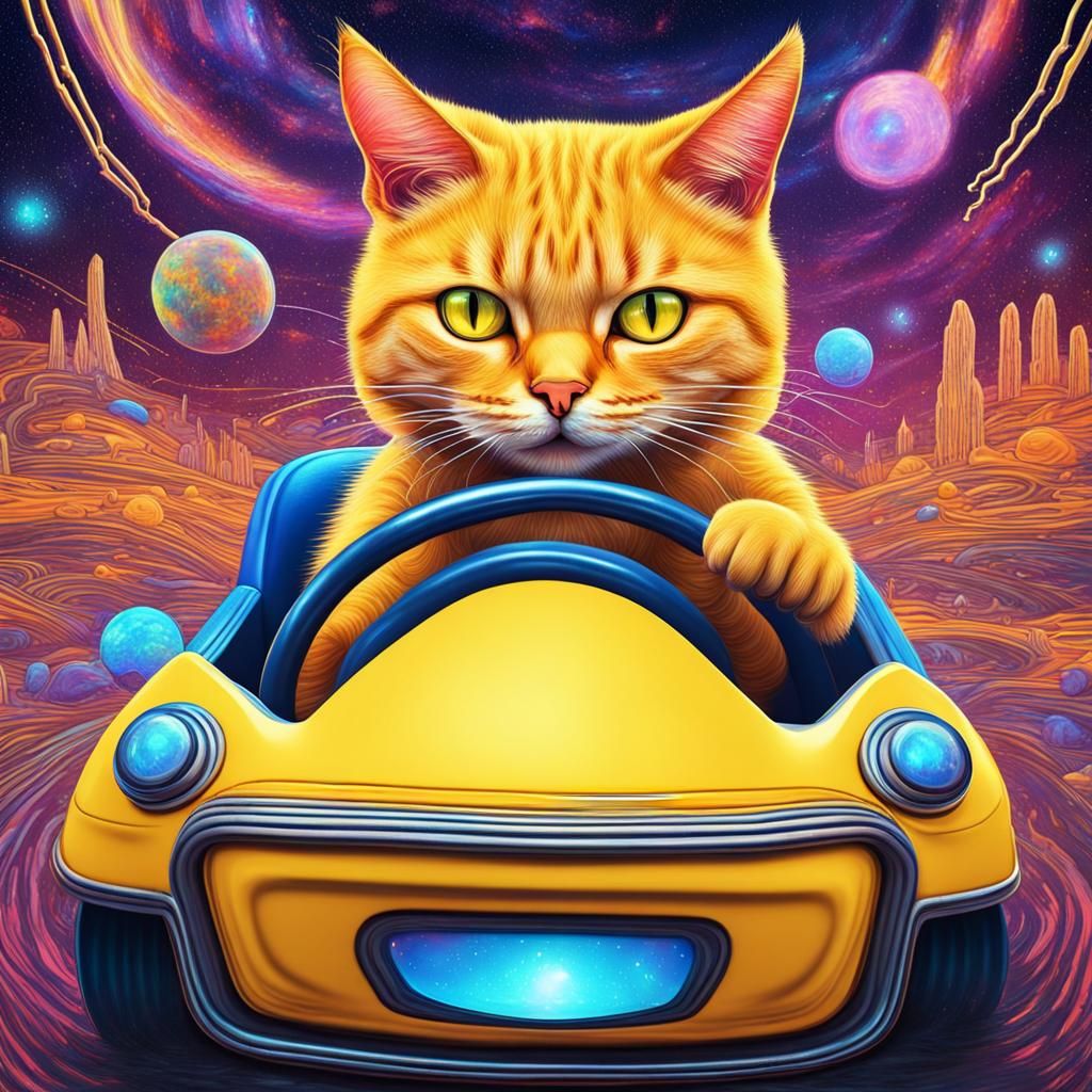 Yellow Cat Drives Bumper Car in Cosmic Illustration