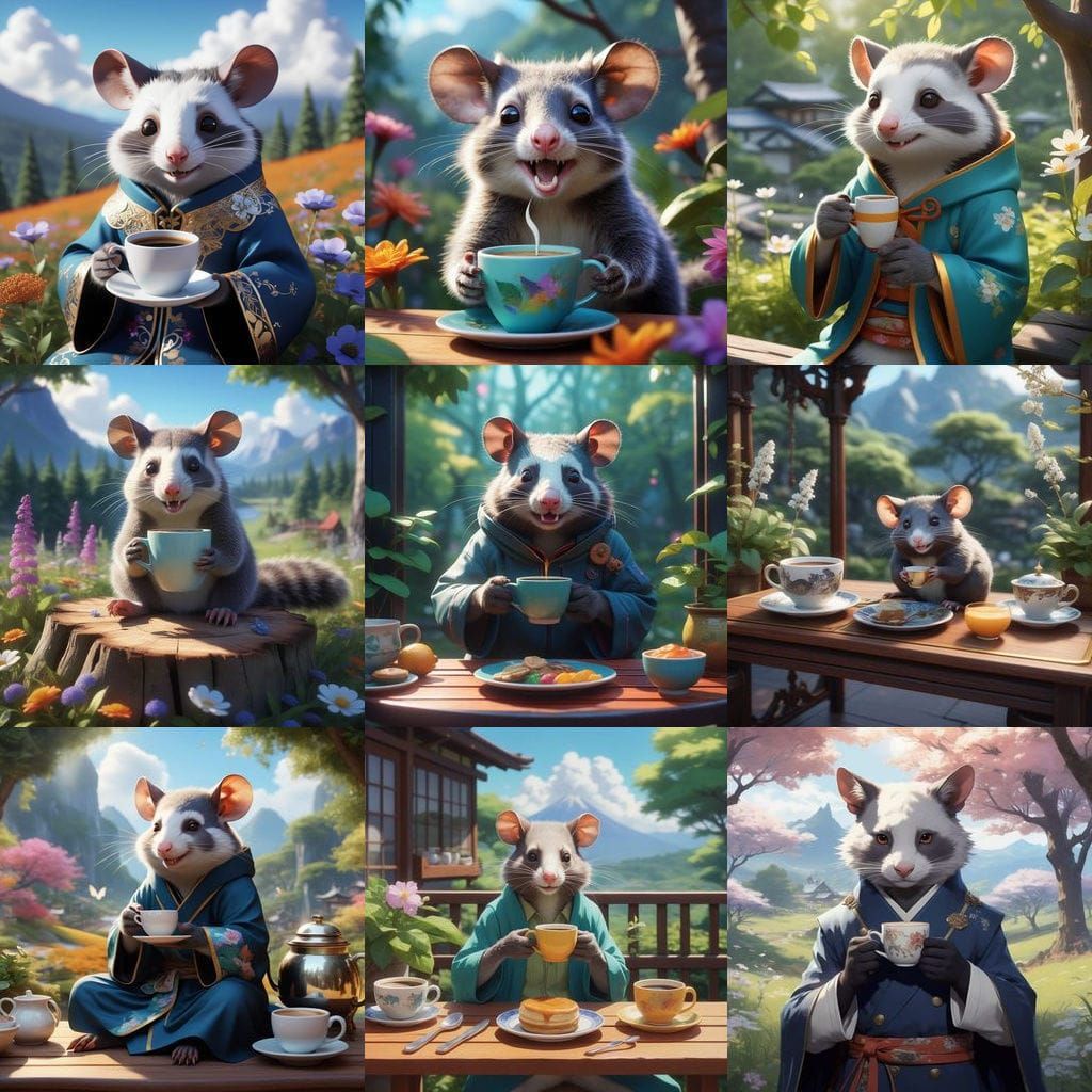 A Possum Sips Coffee in Vibrant Countryside