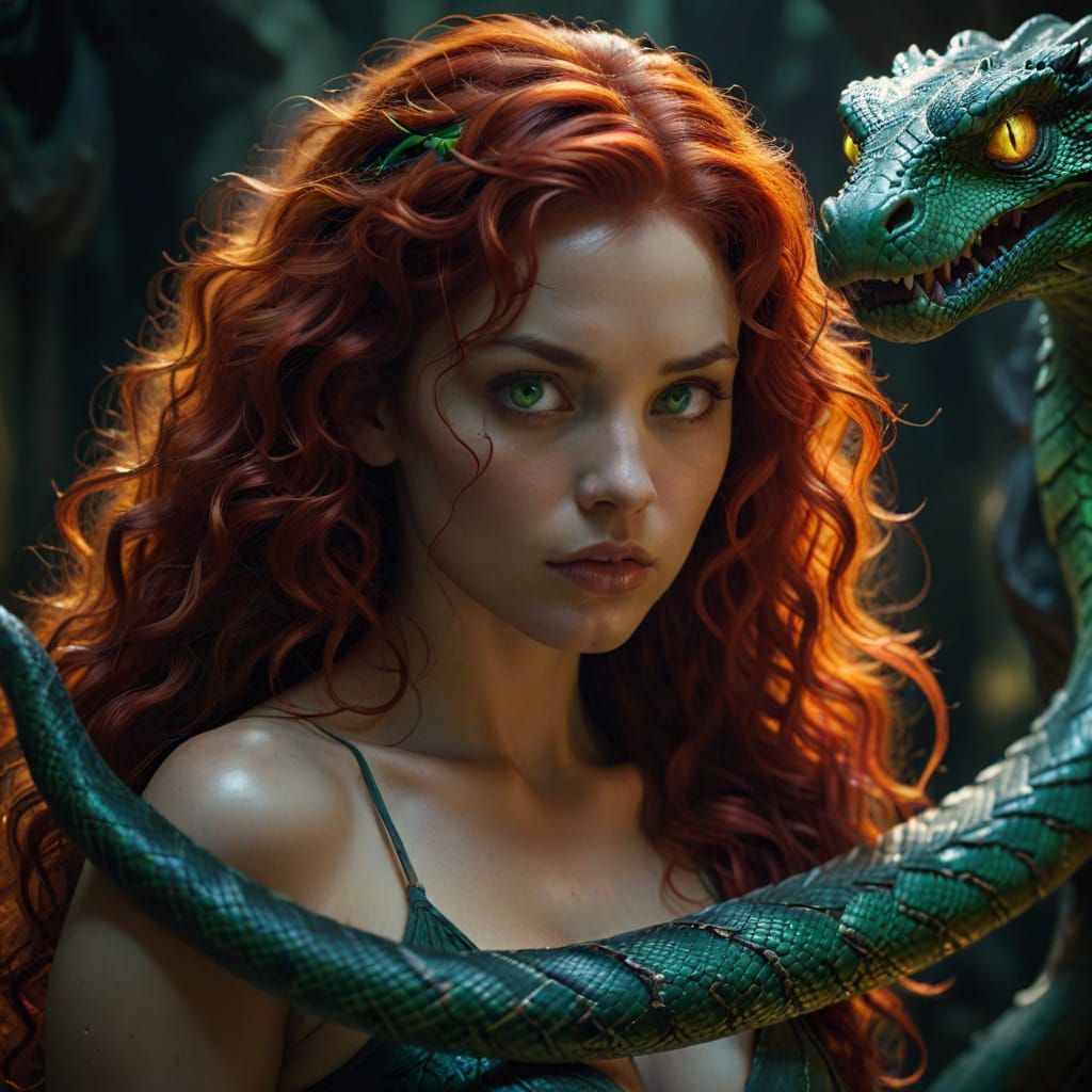 Voluptuous Woman Entwined with Dragon, Cinematic Style