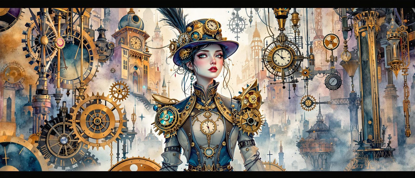 Steampunk Figure in Dreamy Clockwork Cityscape