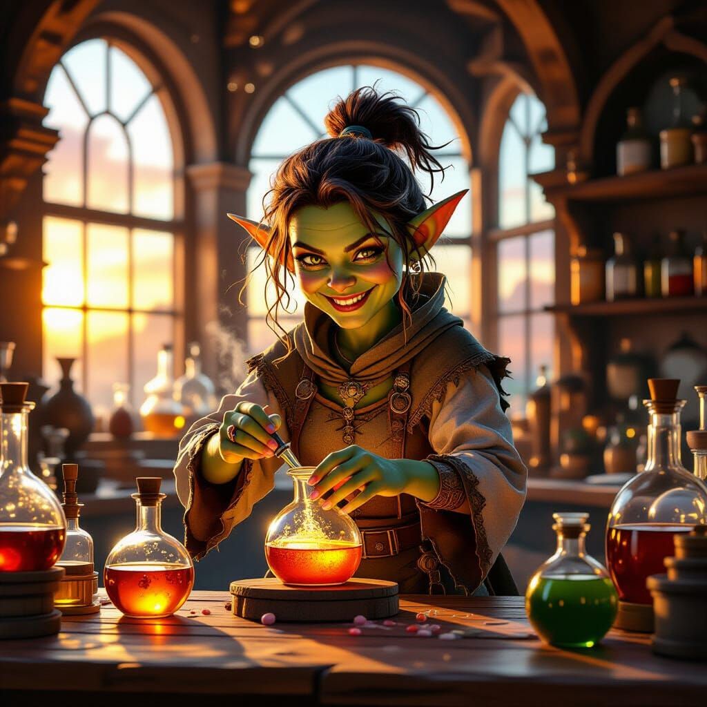 Goblin Alchemist Mixing Potions in Sunset Light