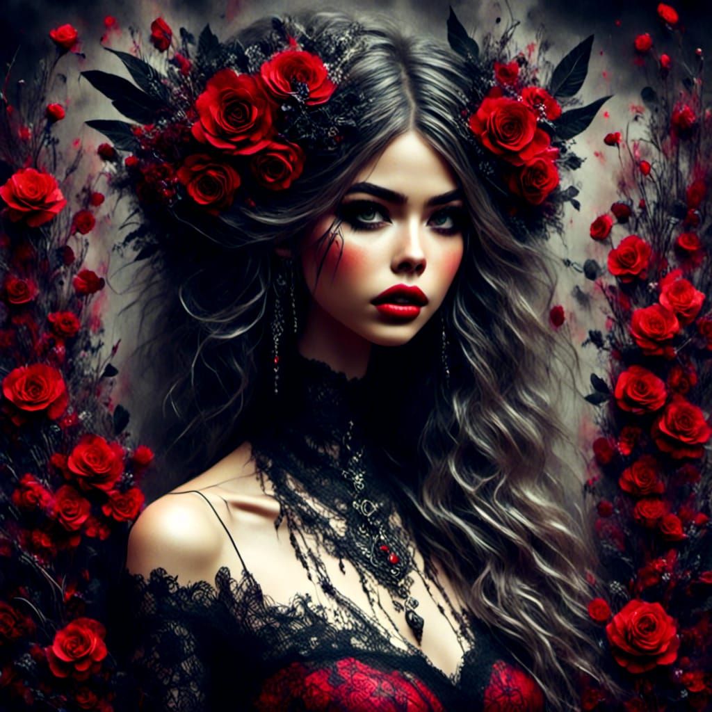 High Goth She Devil in Antique Watercolor Style