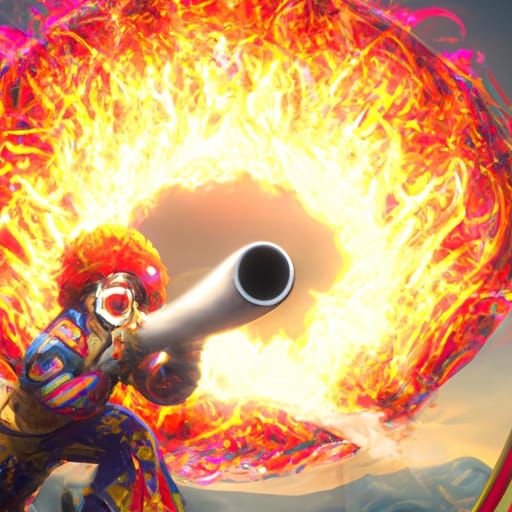 Clown Cannonball Through Flaming Hoop in Ethereal Style
