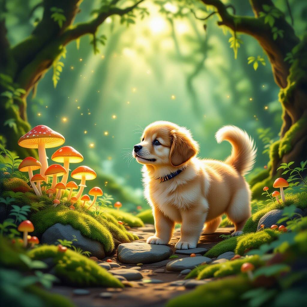 Golden Retriever Puppy Discovers Enchanted Grove with Glowin...
