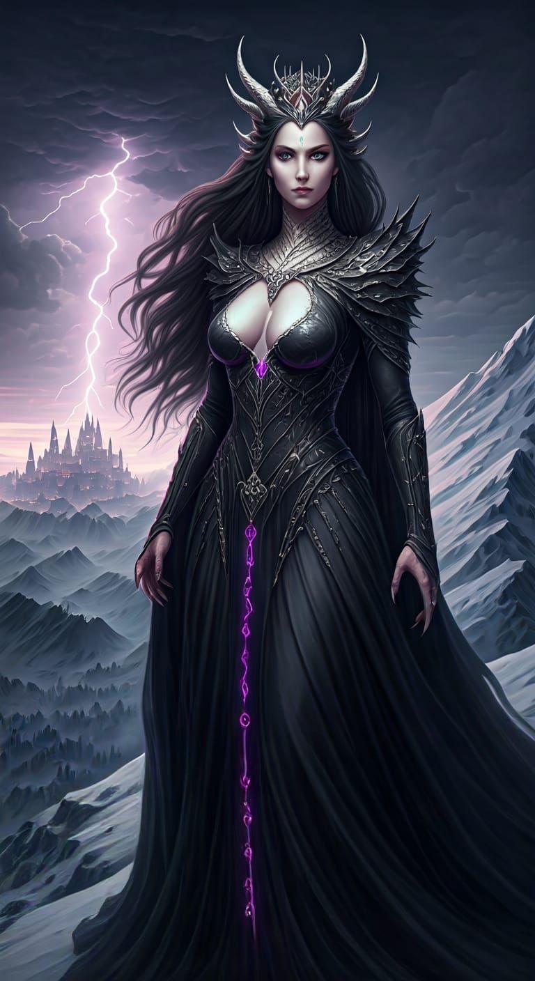 Dragonborn Queen on Snowy Peak, Dark Fantasy Style