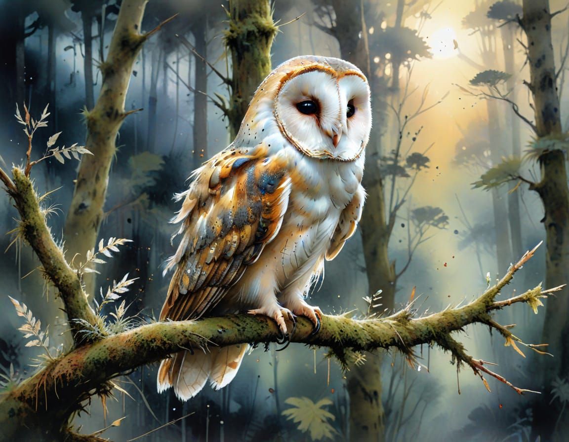 Barn Owl on Branch in Watercolor Style